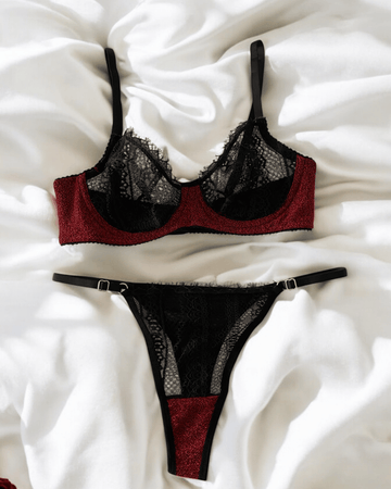 L’Ensemble Rouge Étincelant | Kırmızı Simli Siyah Dantel Takım