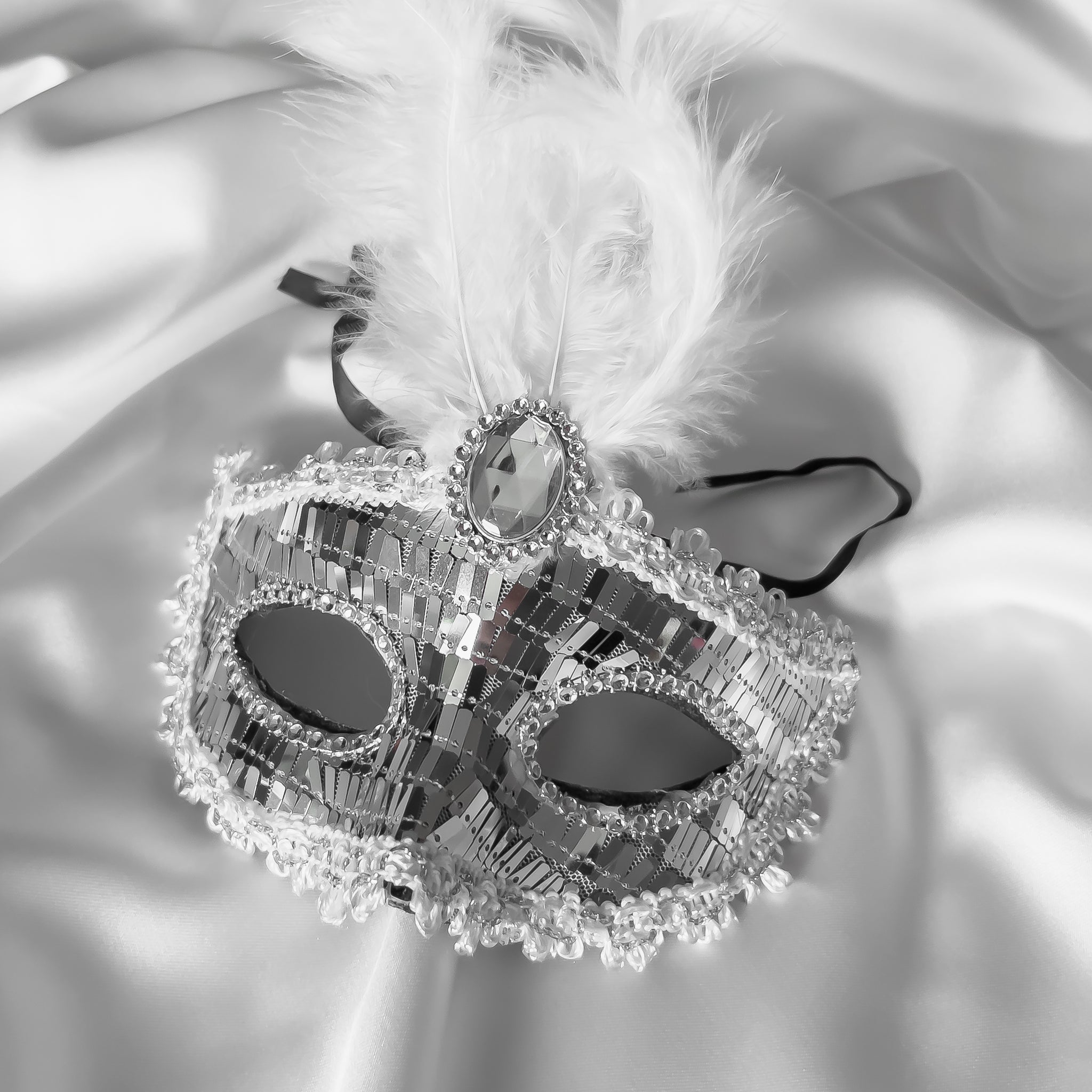 Crystal Majesty | Gümüş Mozaik Kuş Tüylü Maske