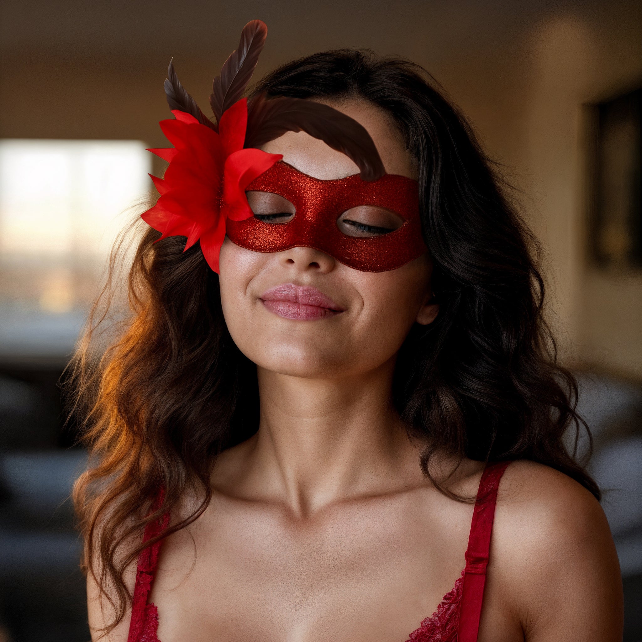 Scarlet Bloom | Kırmızı Simli Tüylü Maske